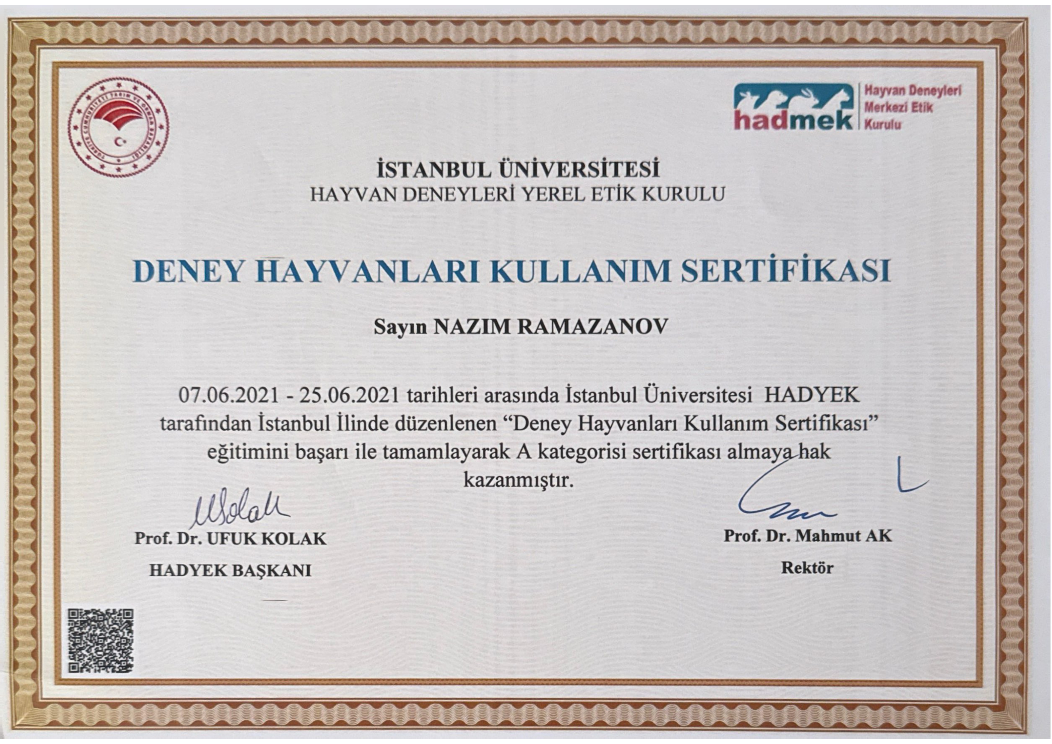 Deney Hayvanları Kullanım Sertifikası