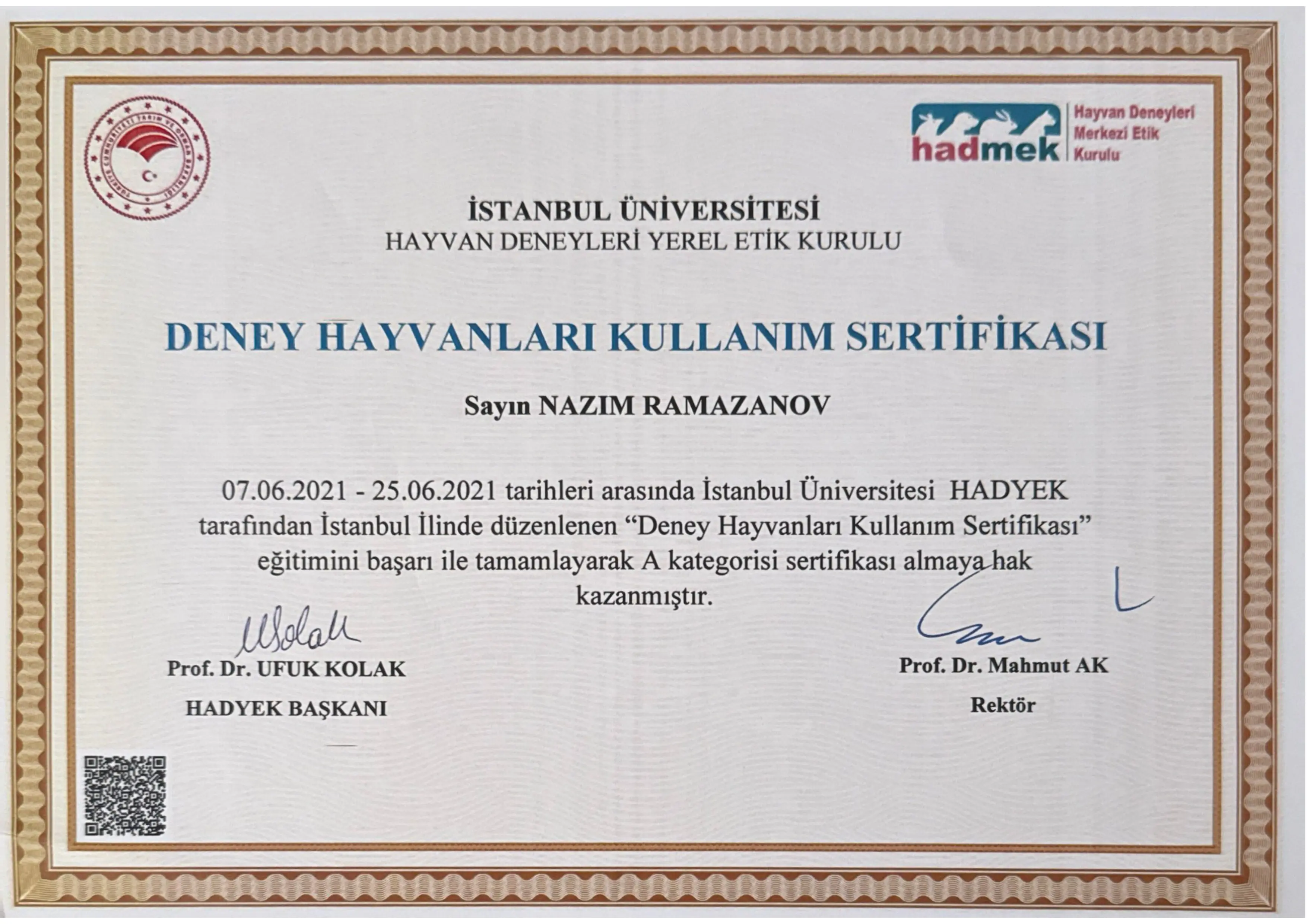 Deney Hayvanları Kullanım Sertifikası